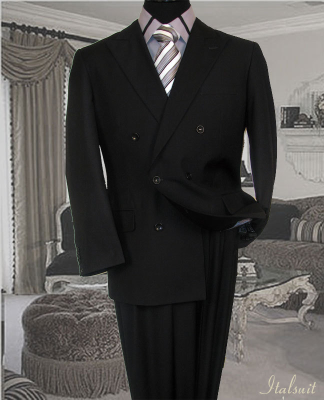 TSDB BLACK CLASSIC DOUBLE BREASTED SOLID COLOR MENS SUIT BY TESSORI UOMO. SUPER 150'S EXTRA FINE ITALIAN WOOL HAND MADE