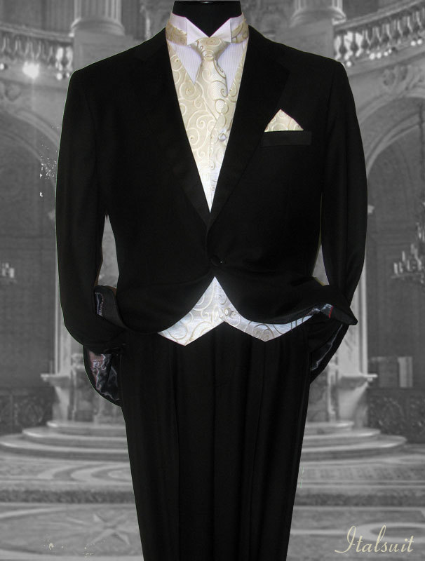 EUG- MENS BLACK 2 BUTTON TUXEDO SUPER 150'S WOOL HAND MADE BY: MR TESSORI UOMO FRENCH CUT