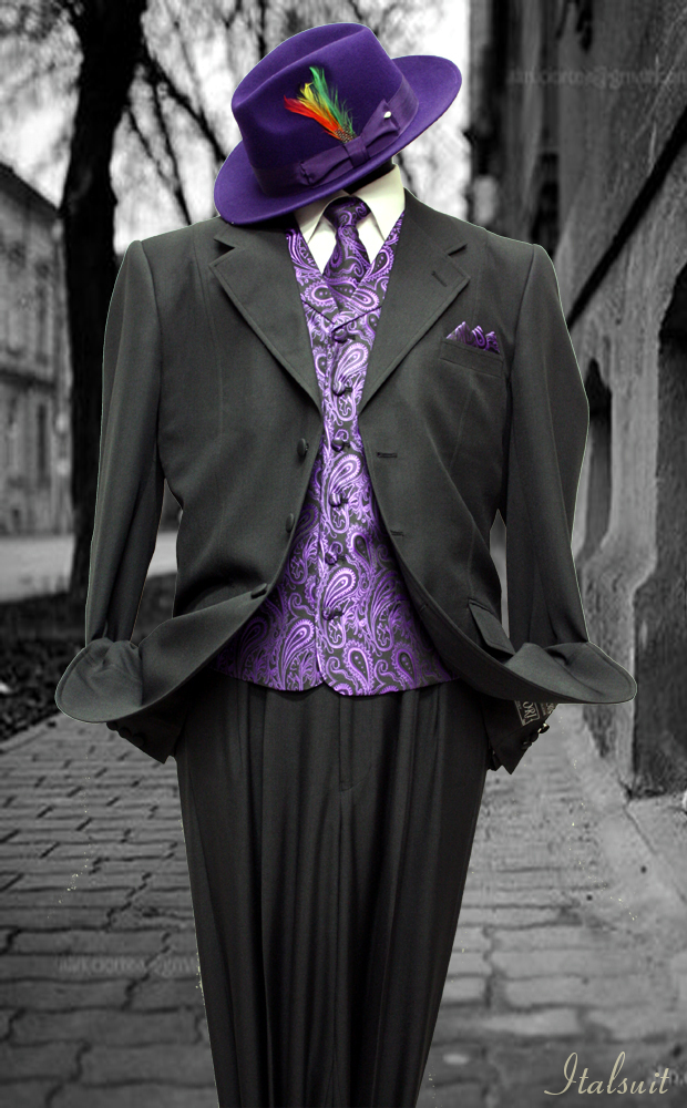 HARVEY-101 BLACK-PURPLE 3PC FASHION ZOOT SUIT AS SEEN IN GQ MAGAZINE 