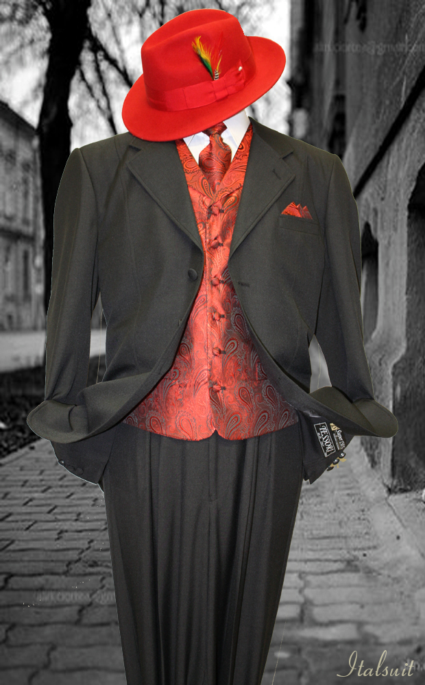 HARVEY-101 BLACK-RED 3PC FASHION ZOOT SUIT AS SEEN IN GQ MAGAZINE 