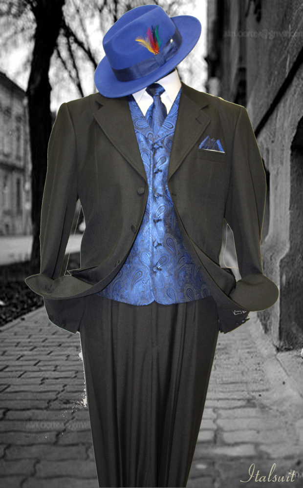 HARVEY-101 BLACK-ROYAL 3PC FASHION ZOOT SUIT AS SEEN IN GQ MAGAZINE