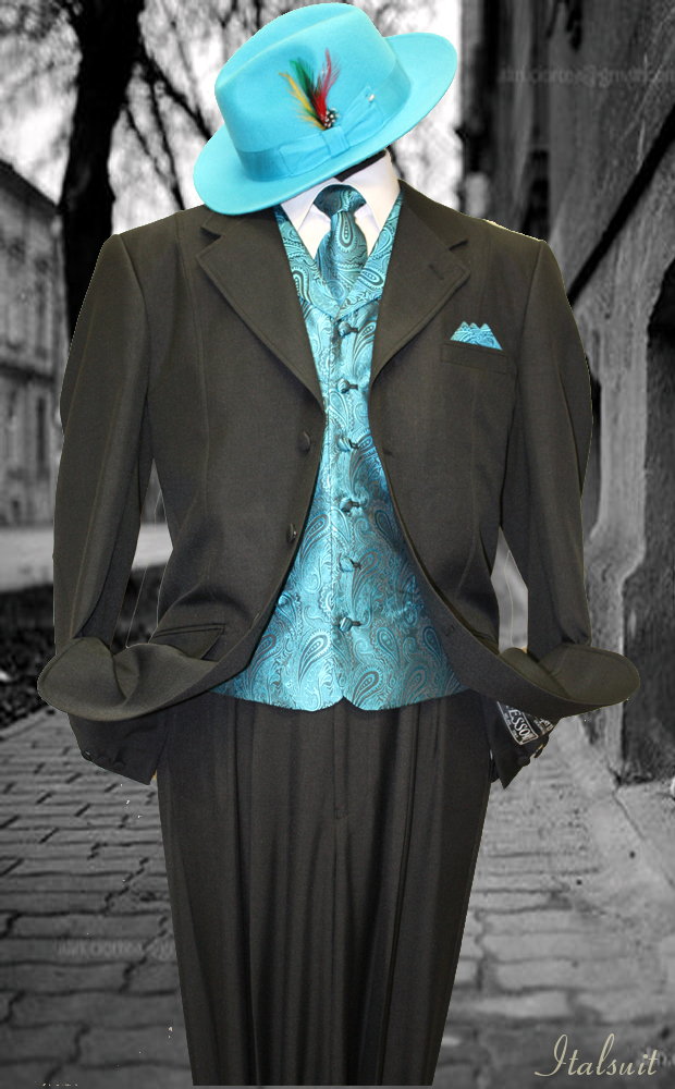 HARVEY-101 BLACK-TURQUOISE 3PC FASHION ZOOT SUIT AS SEEN IN GQ MAGAZINE