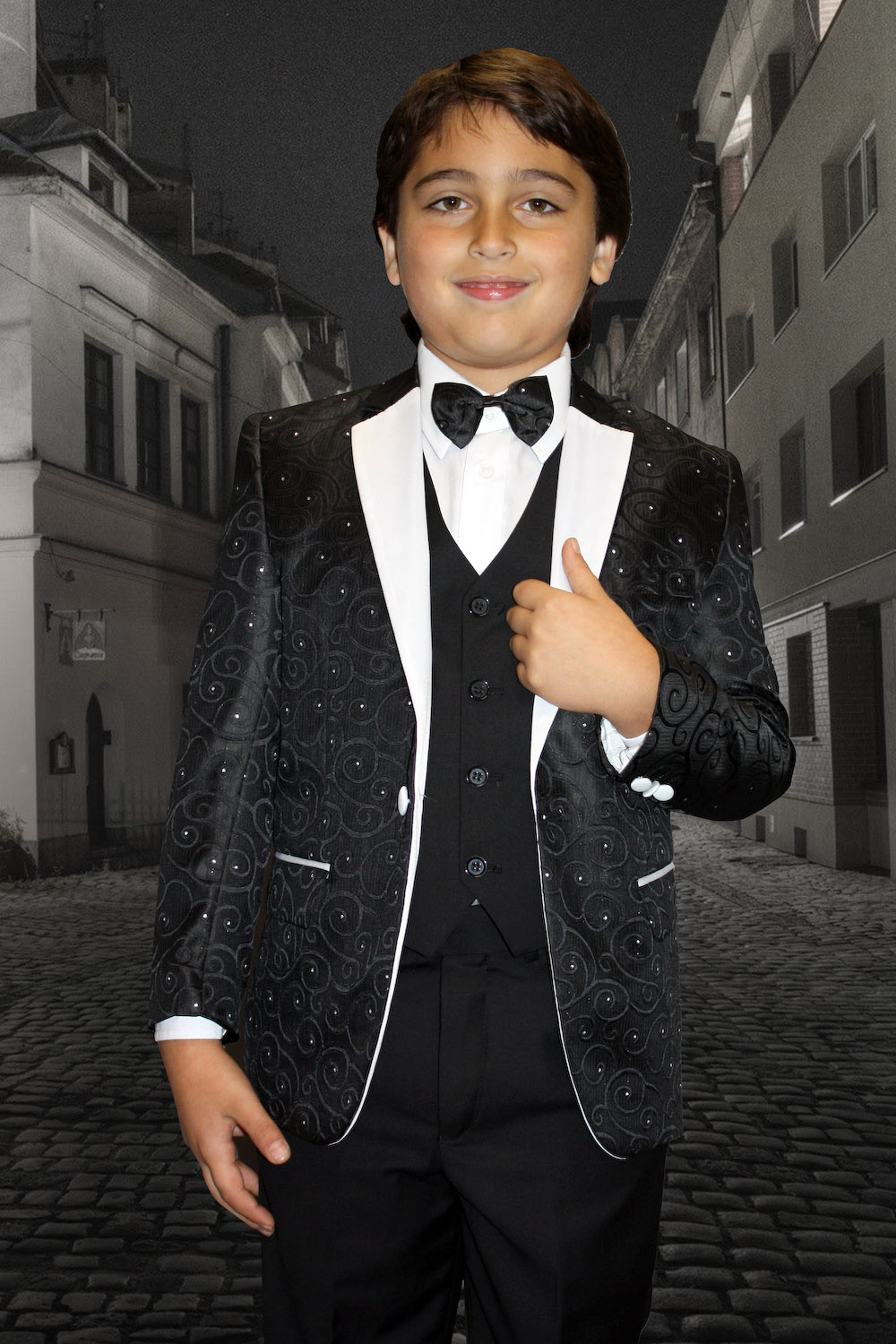 B-BELLAGIO BLACK 5PC SUIT SHIRT,BOWTIE & VEST FOR KIDS 