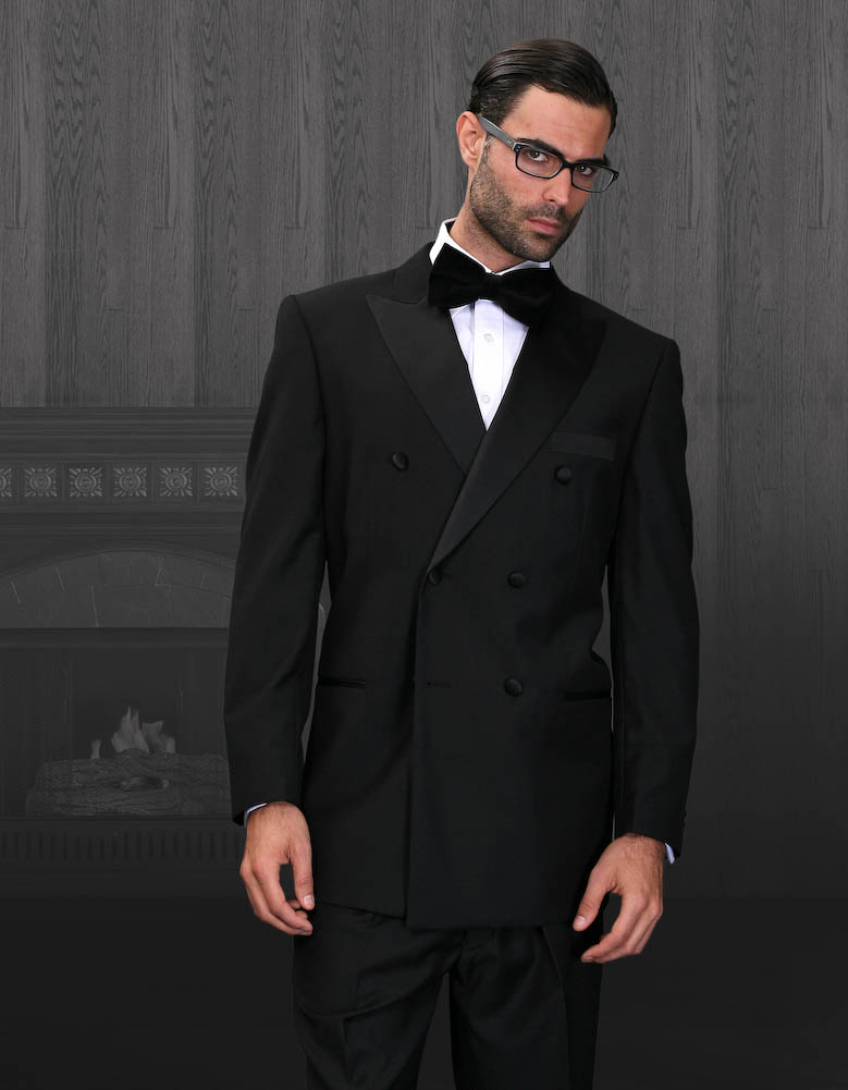 TUX-DB DOUBLE BREASTED MENS BLACK TUXEDO.SUPER 150'S FRENCH CUT. 