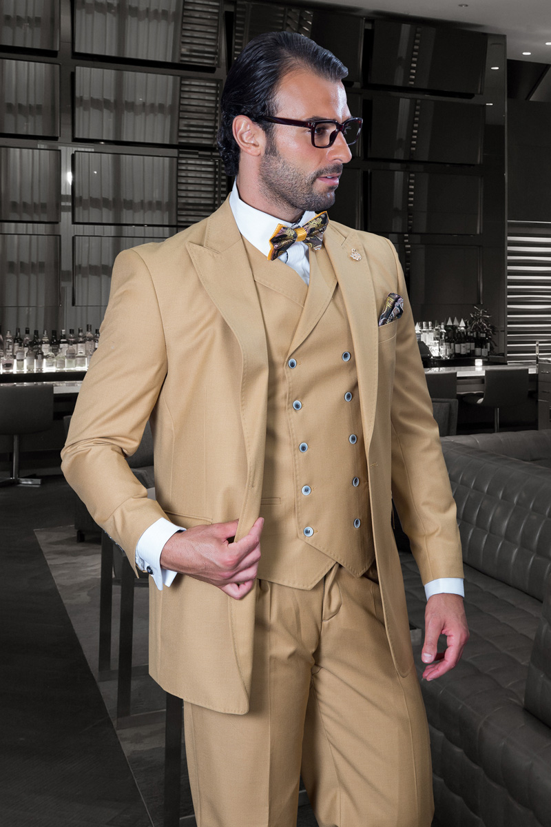 FLORENCE CAMEL COLOR CLASSIC 3PC 2 BUTTON SOLID SUIT WITH DOUBLE BREASTED VEST SUPER 150'S EXTRA FINE ITALIAN FABRIC  