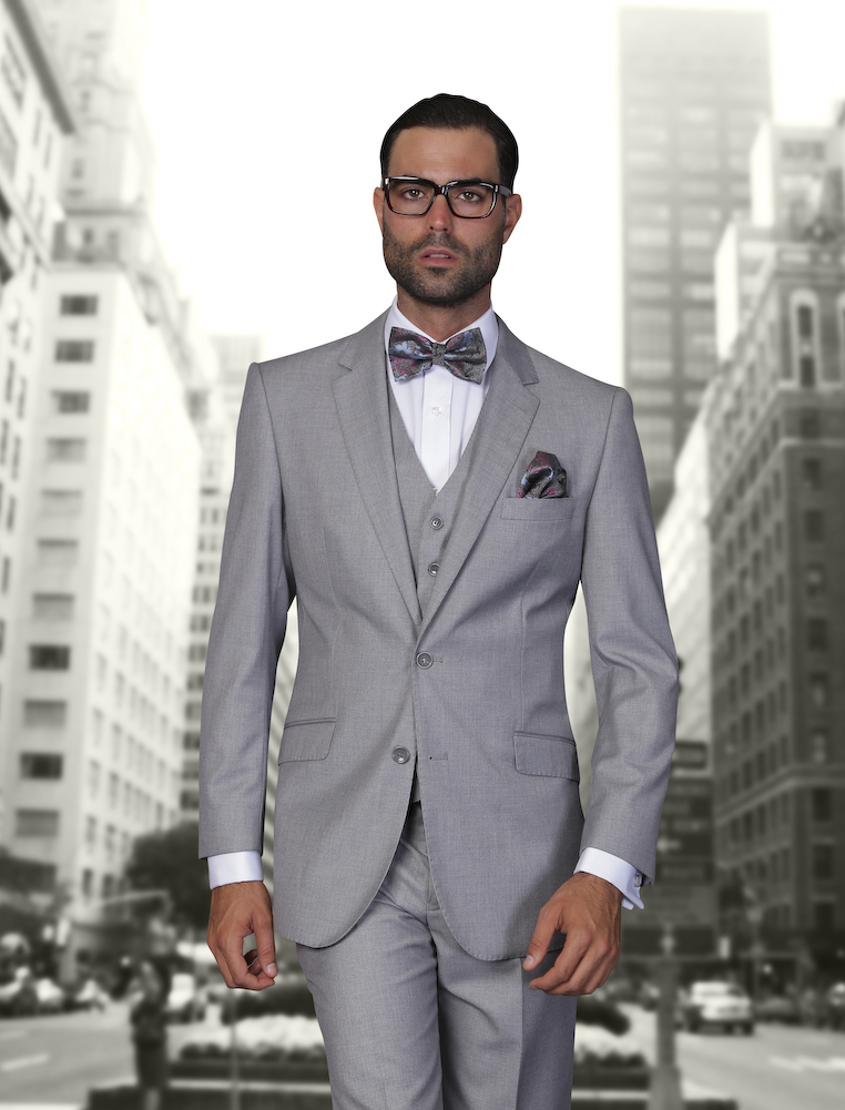 STZV-100 3PC 2 BUTTON SOLID COLOR GRAY MENS SUIT WITH A VEST SUPER 150'S EXTRA FINE ITALIAN WOOL    
