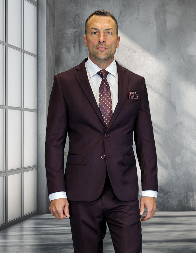 STATEMENT 2PC ITALIAN WOOL SUIT. SUPER 200'S MODERN FIT. FLAT FRONT PANTS 