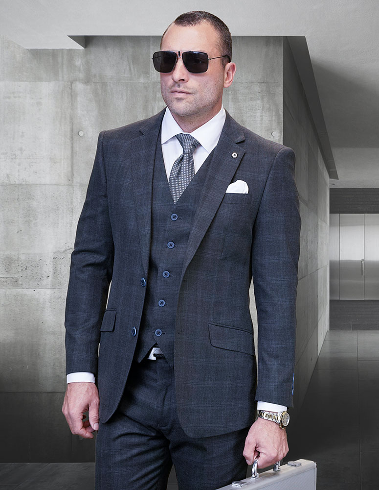 STATEMENT CONFIDENCE 3PC CHARCOAL PLAID SUITS SUPER 200'S ITALIAN WOOL AND CASHMERE. MODERN FIT FLAT FRONT PANTS