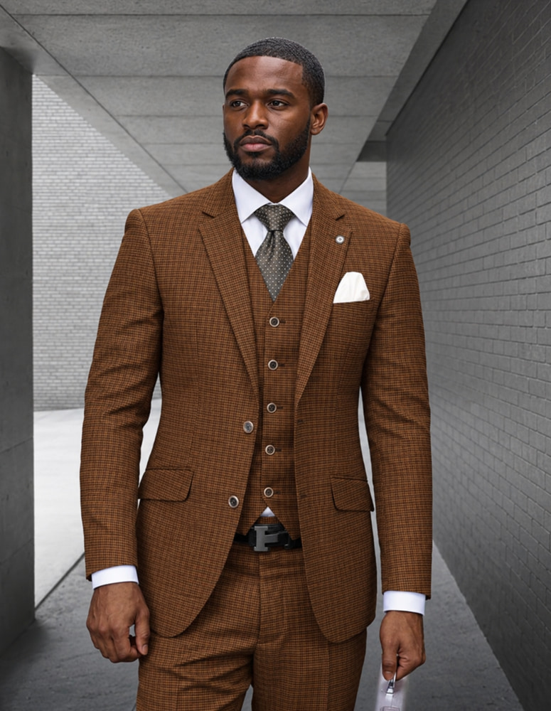 STATEMENT 3PC ITALIAN WOOL SUIT. SUPER 200'S. MODERN FIT FLAT FRONT PANTS 