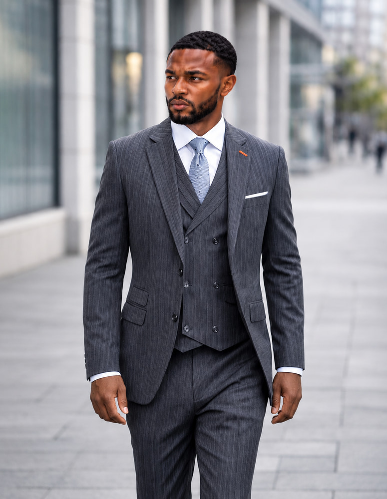  STATEMENT 3PC SUIT SUPER 200'S ITALIAN WOOL AND CASHMERE. MODERN FIT FLAT FRONT PANTS 