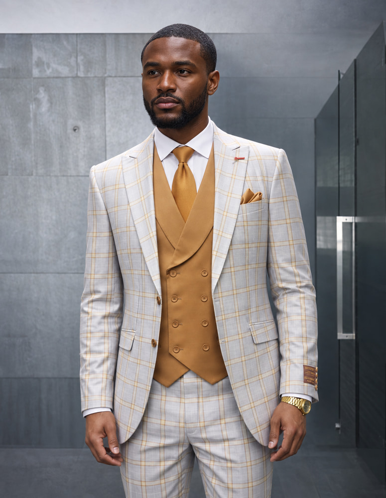 3PC PLAID SUIT WITH SOLID COLOR CONTRAST DOUBLE BREASTED VEST. SUPER 200'S ITALIAN WOOL AND CASHMERE FABRIC. MODERN FIT FLAT FRONT PANTS