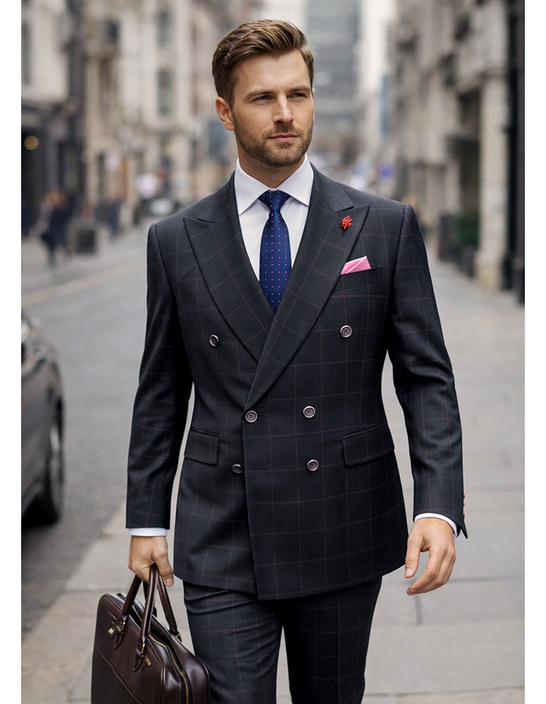STATEMENT 2PC PLAID DOUBLE BREASTED SUIT. ITALIAN WOOL FABRIC