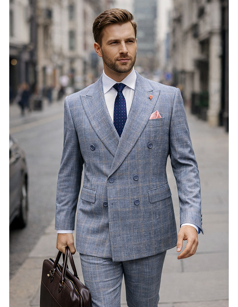 STATEMENT 2PC PLAID DOUBLE BREASTED SUIT. ITALIAN WOOL FABRIC