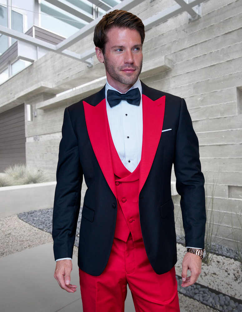 STATEMENT ARYA RED 3PC TAILORED FIT TUXEDO SUIT WITH FLAT FRONT