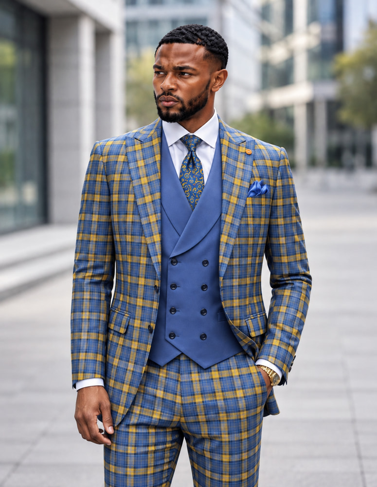 3PC PLAID SUIT WITH SOLID COLOR CONTRAST DOUBLE BREASTED VEST. SUPER 200'S ITALIAN WOOL AND CASHMERE FABRIC. MODERN FIT FLAT FRONT PANTS