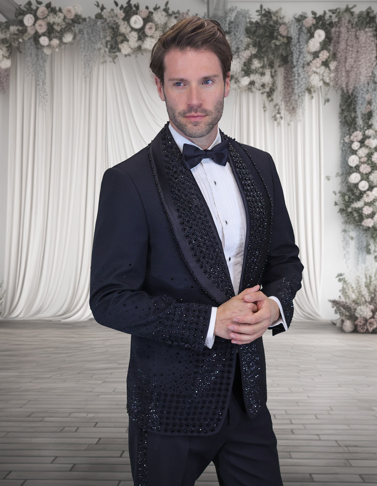 2PC ITALIAN WOOL TUXEDO WITH BLACK STONES. MODERN FIT FLAT FRONT PANTS