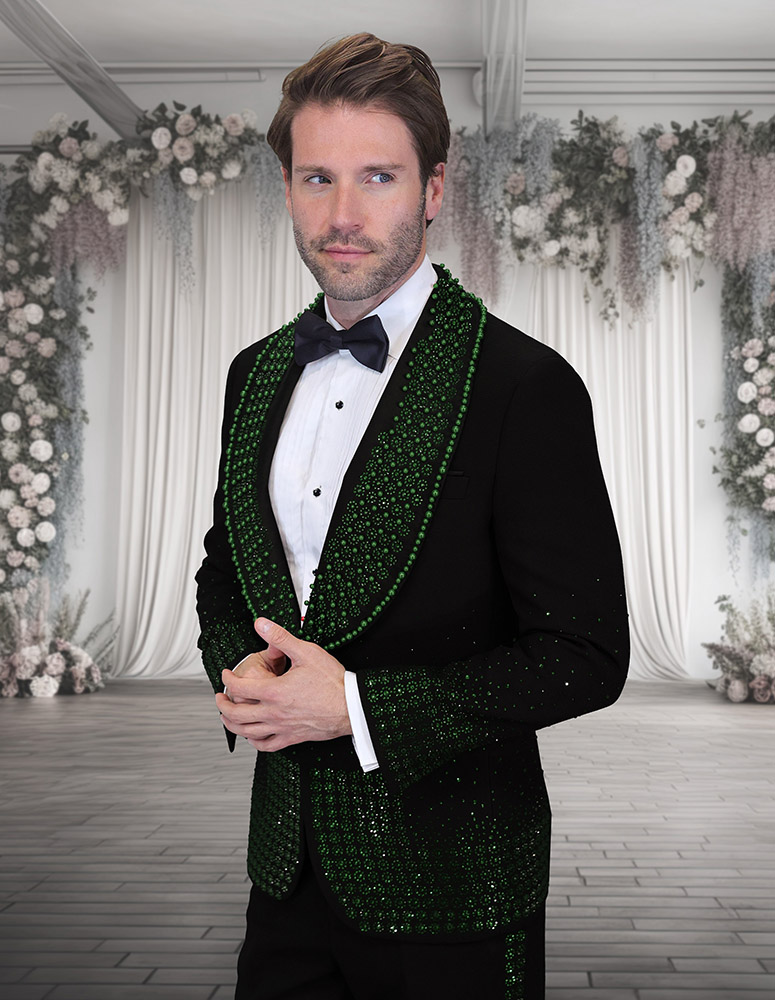 2PC ITALIAN WOOL TUXEDO WITH HUNTER STONES. MODERN FIT FLAT FRONT PANTS 