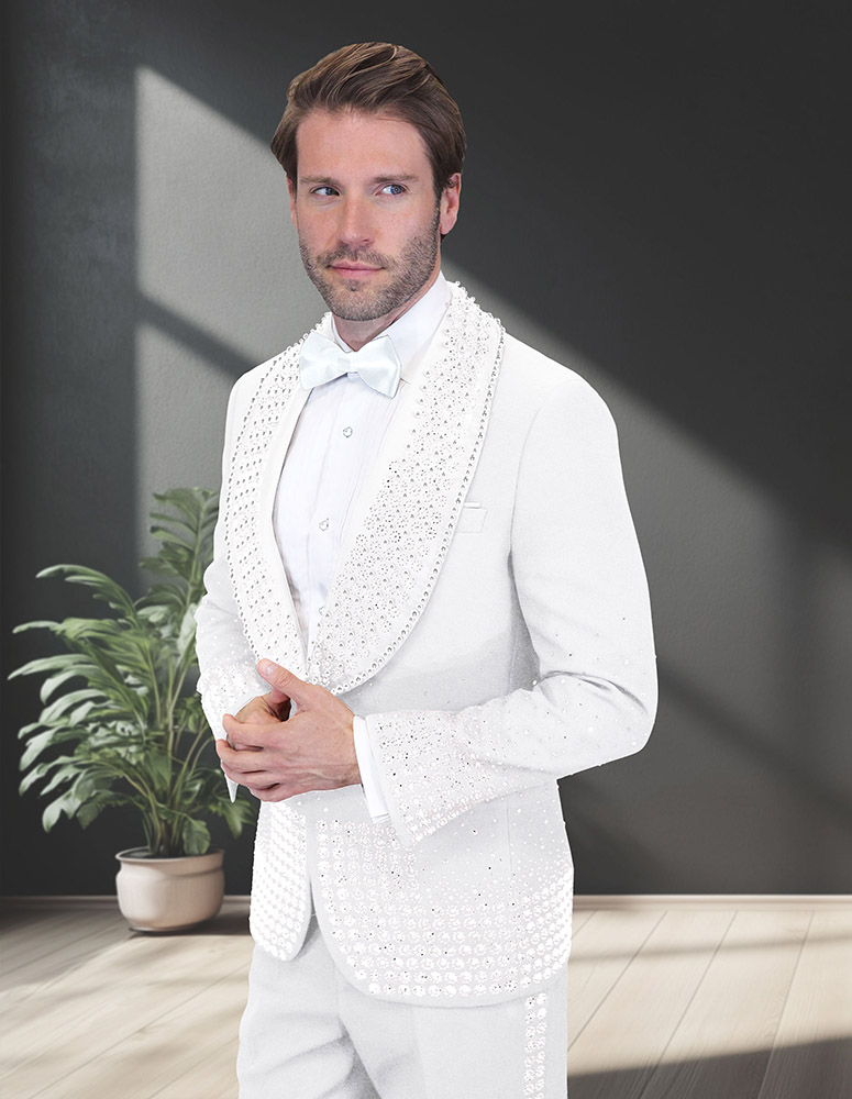 2PC ITALIAN WOOL TUXEDO WITH WHITE STONES. MODERN FIT FLAT FRONT PANTS 