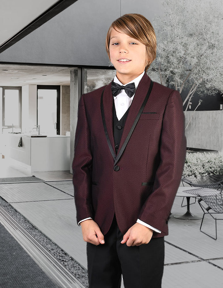 B-CAESAR BURGUNDY 5PC TUXEDO BOY SUIT INCLUDING SHIRT AND BOW TIE