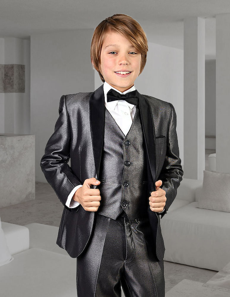 B-WYNN GRAY 5PC TUXEDO BOY SUIT INCLUDING SHIRT AND BOW TIE 