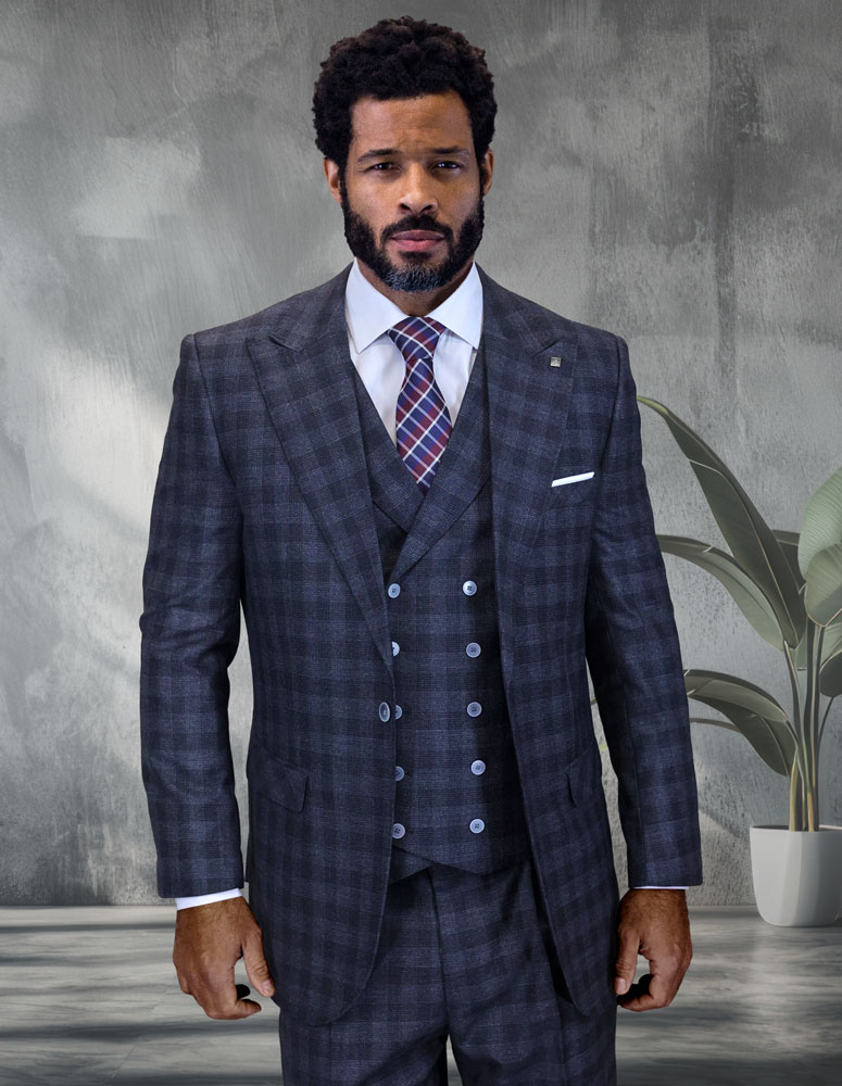 STATEMENT BALANCIGA BLACK CLASSIC WIDE LEG 3PC 1 BUTTON PLAID SUIT WITH DOUBLE BREASTED VEST SUPER 200'S EXTRA FINE ITALIAN FABRIC 