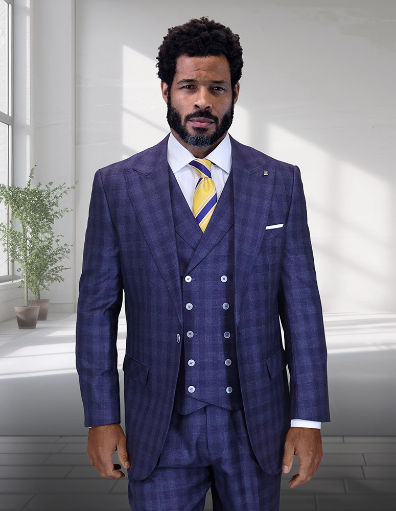 STATEMENT BALANCIGA NAVY CLASSIC WIDE LEG 3PC 1 BUTTON PLAID SUIT WITH DOUBLE BREASTED VEST SUPER 200'S EXTRA FINE ITALIAN FABRIC 