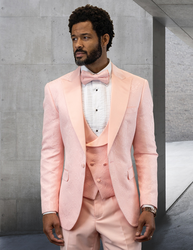 STATEMENT BELLAGIO-15 3PC TAILORED FIT 1 BUTTON MENS BLUSH TUXEDO PEAK  LAPEL SUPER 150'S EXTRA FINE ITALIAN FABRIC INCLUDING BOW TIE :: 1 BUTTON  TUXEDO :: ITALSUIT