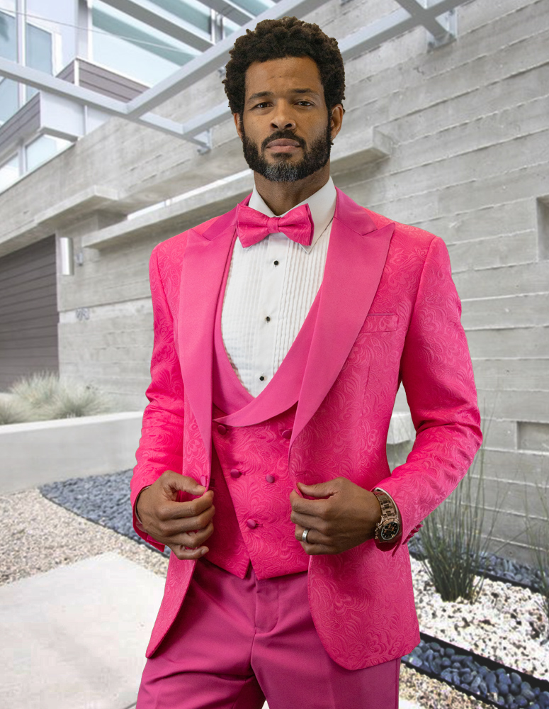 STATEMENT BELLAGIO-15 3PC TAILORED FIT 1 BUTTON MENS HOT PINK TUXEDO PEAK LAPEL SUPER 150'S EXTRA FINE ITALIAN FABRIC INCLUDING BOW TIE    