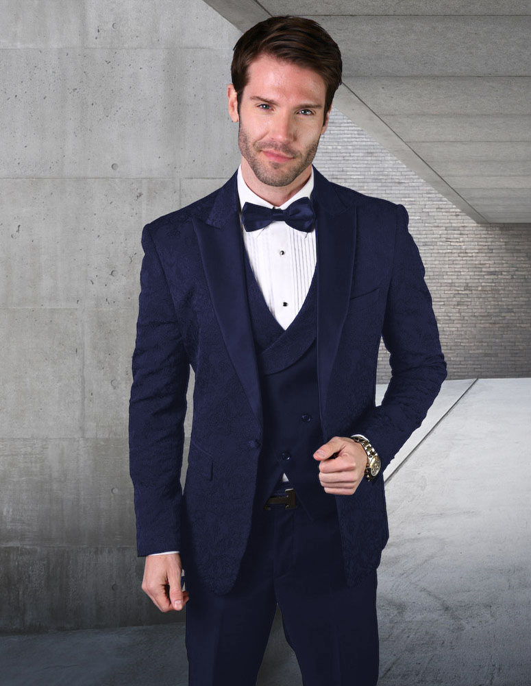 STATEMENT BELLAGIO-15 3PC TAILORED FIT 1 BUTTON MENS NAVY TUXEDO PEAK LAPEL SUPER 150'S EXTRA FINE ITALIAN FABRIC INCLUDING BOW TIE   