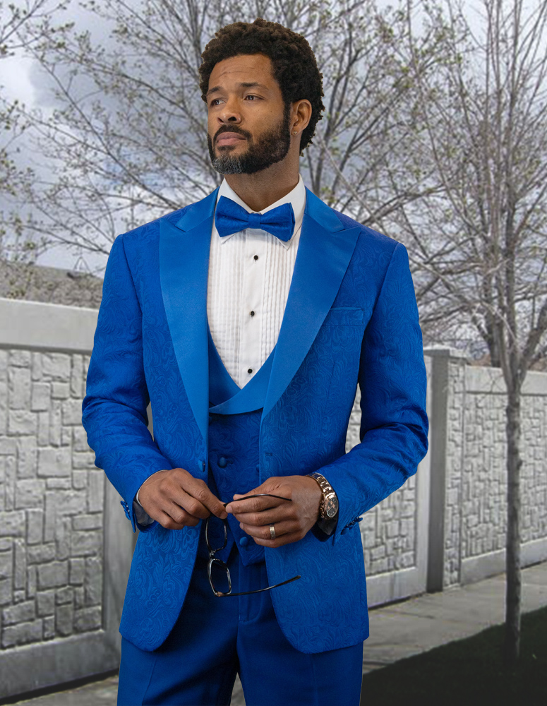 Royal Blue Men Suits Yellow Vest Wedding Formal Tuxedos Peak Lapel