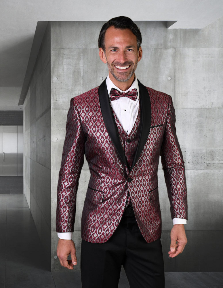 STATEMENT BELAGIO21-BURGUNDY TAILORED 3PC 1 BUTTON MENS GOLD TUXEDO WITH SHAWL LAPEL SUPER 150'S EXTRA FINE ITALIAN FABRIC   