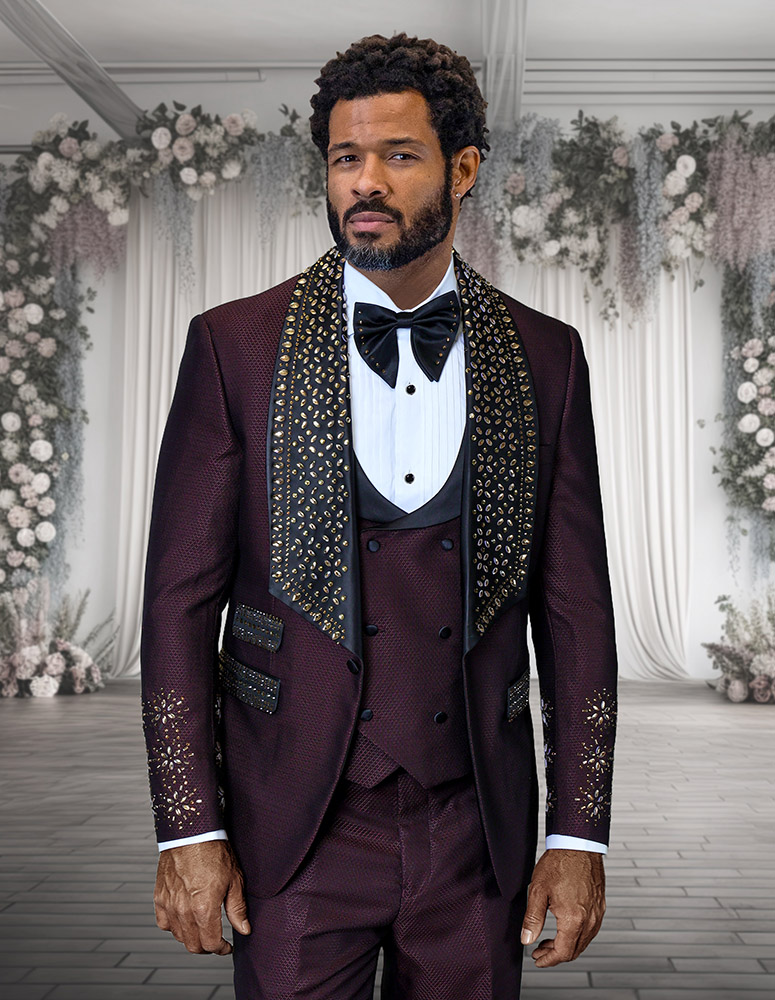 3PC ITALIAN WOOL TUXEDO WITH STONES. MODERN FIT FLAT FRONT PANTS 