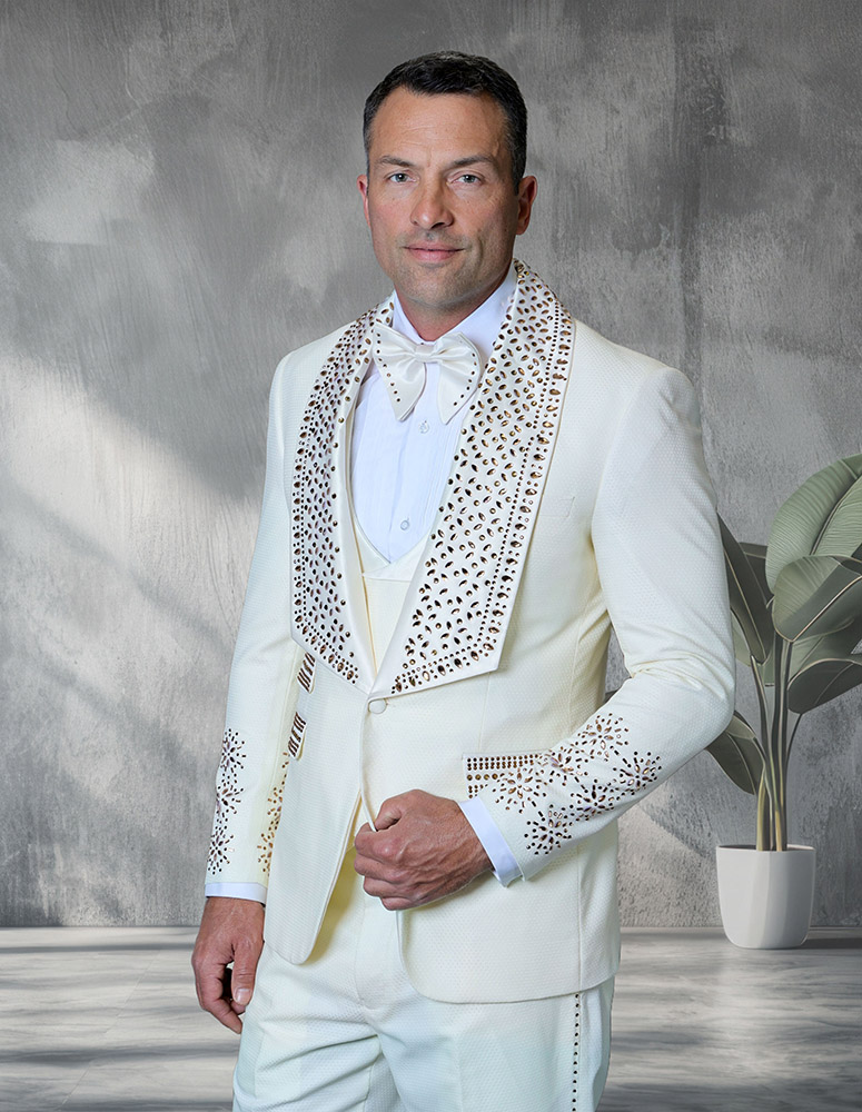 3PC ITALIAN WOOL TUXEDO WITH STONES. MODERN FIT FLAT FRONT PANTS 