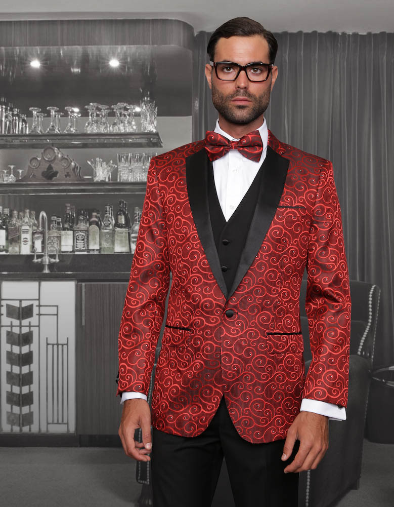 BELLAGIO CLASSIC 3PC 1 BUTTON MENS RED SUIT WITH TRIM ON THE COLLAR SUPER  150'S EXTRA FINE ITALIAN FABRIC :: 1 BUTTON TUXEDO :: ITALSUIT