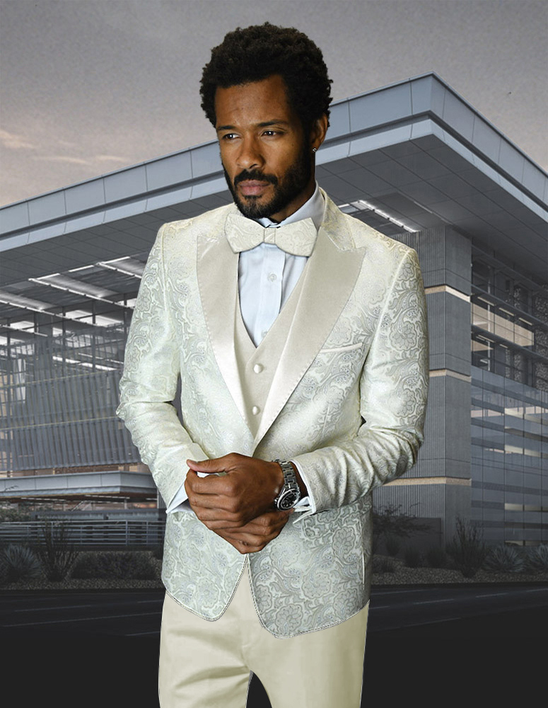 Bellagio-4 OFF WHITE WITH OFFWHITE SATIN LAPEL CLASSIC 3PC 1 BUTTON MENS SUIT WITH TRIM ON THE COLLAR SUPER 150'S EXTRA FINE ITALIAN FABRIC INCLUDING BOW TIE