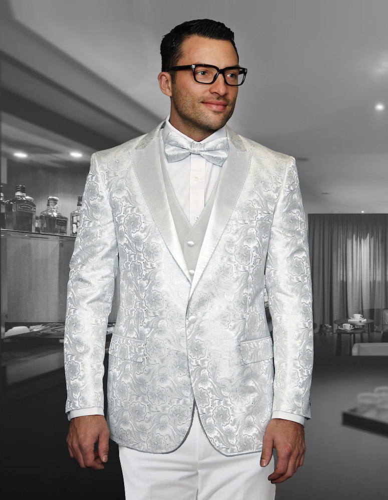 Bellagio-4 WHITE CLASSIC 3PC 1 BUTTON MENS SUIT WITH TRIM ON THE COLLAR SUP...