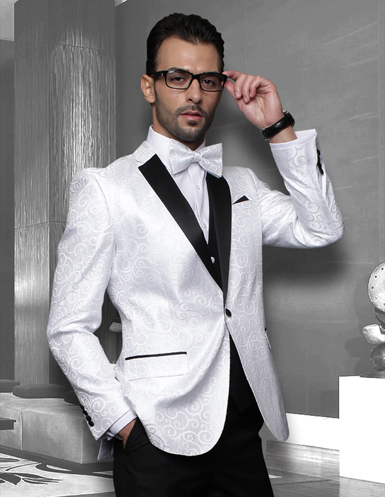 Bellagio CLASSIC 1 WHITE MENS SUIT WITH TRIM ON THE COLLAR 150'S EXTRA FINE ITALIAN FABRIC :: 1 BUTTON TUXEDO :: ITALSUIT