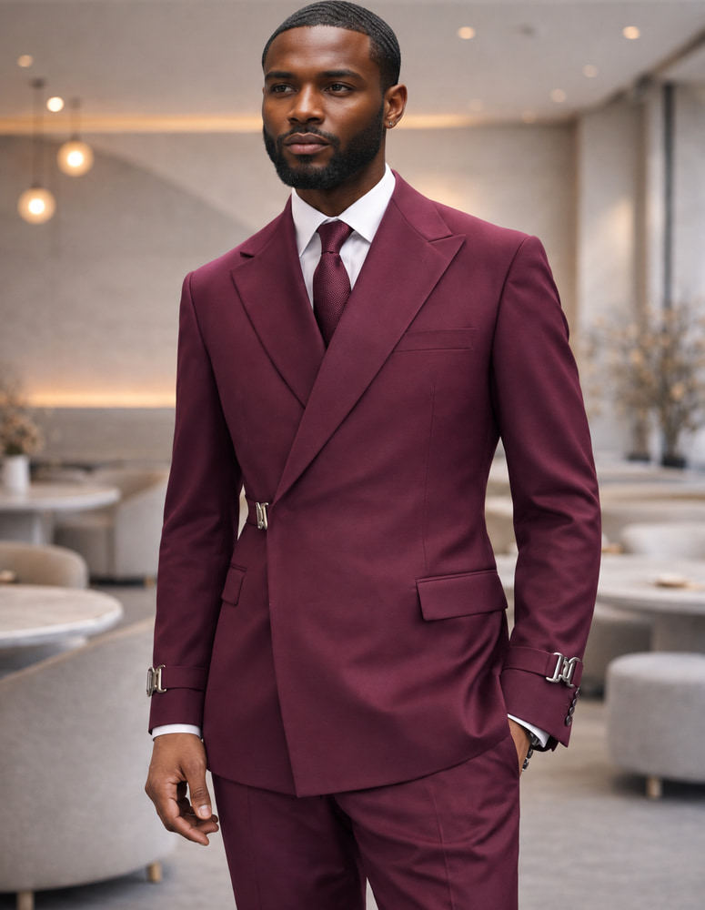 2PC ITALIAN SUPER 200'S WOOL SUIT. MODERN FIT FLAT FRONT PANTS WITH METAL BUCKLES