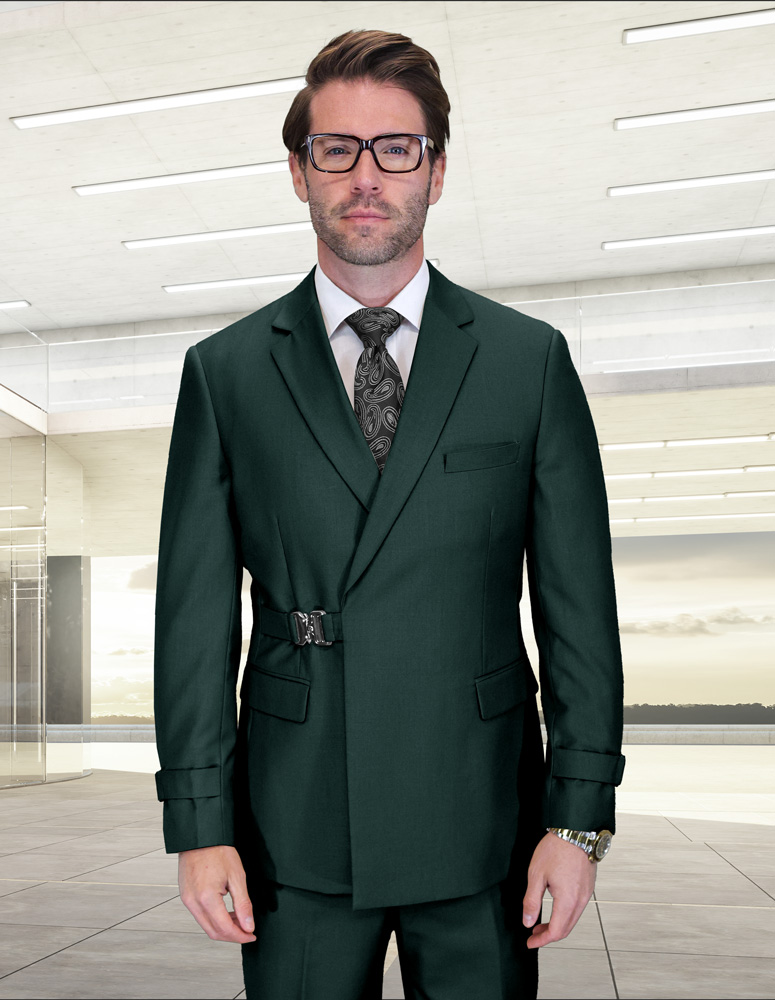 2PC ITALIAN SUPER 200'S WOOL SUIT. MODERN FIT FLAT FRONT PANTS WITH METAL BUCKLES 
