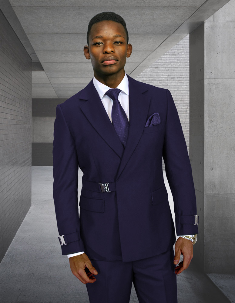 2PC ITALIAN SUPER 200'S WOOL SUIT. MODERN FIT FLAT FRONT PANTS WITH METAL BUCKLES