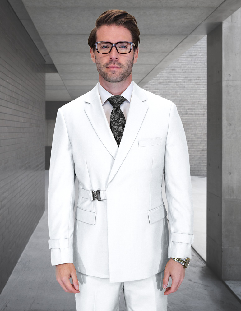 2PC ITALIAN SUPER 200'S WOOL SUIT. MODERN FIT FLAT FRONT PANTS WITH METAL BUCKLES