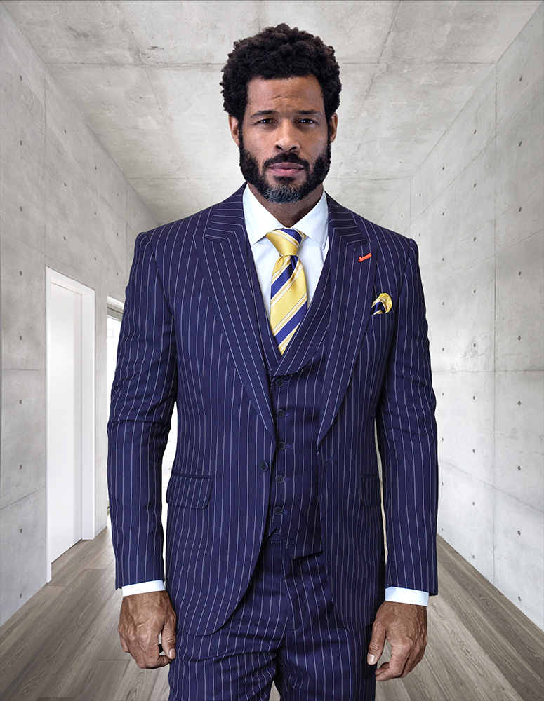 STATEMENT 3PC PINSTRIPE SUIT. MODERN FIT FLAT FRONT PANTS. ITALIAN WOOL FABRIC 