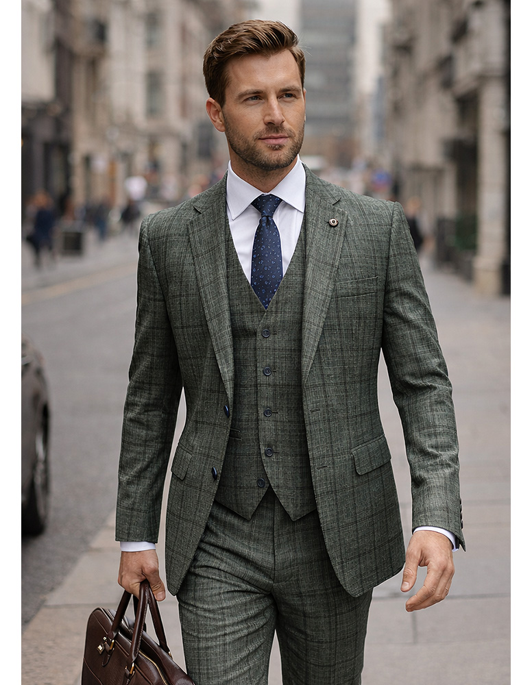  STATEMENT 3PC PLAID SUIT SUPER 200'S ITALIAN WOOL. MODERN FIT FLAT FRONT PANTS