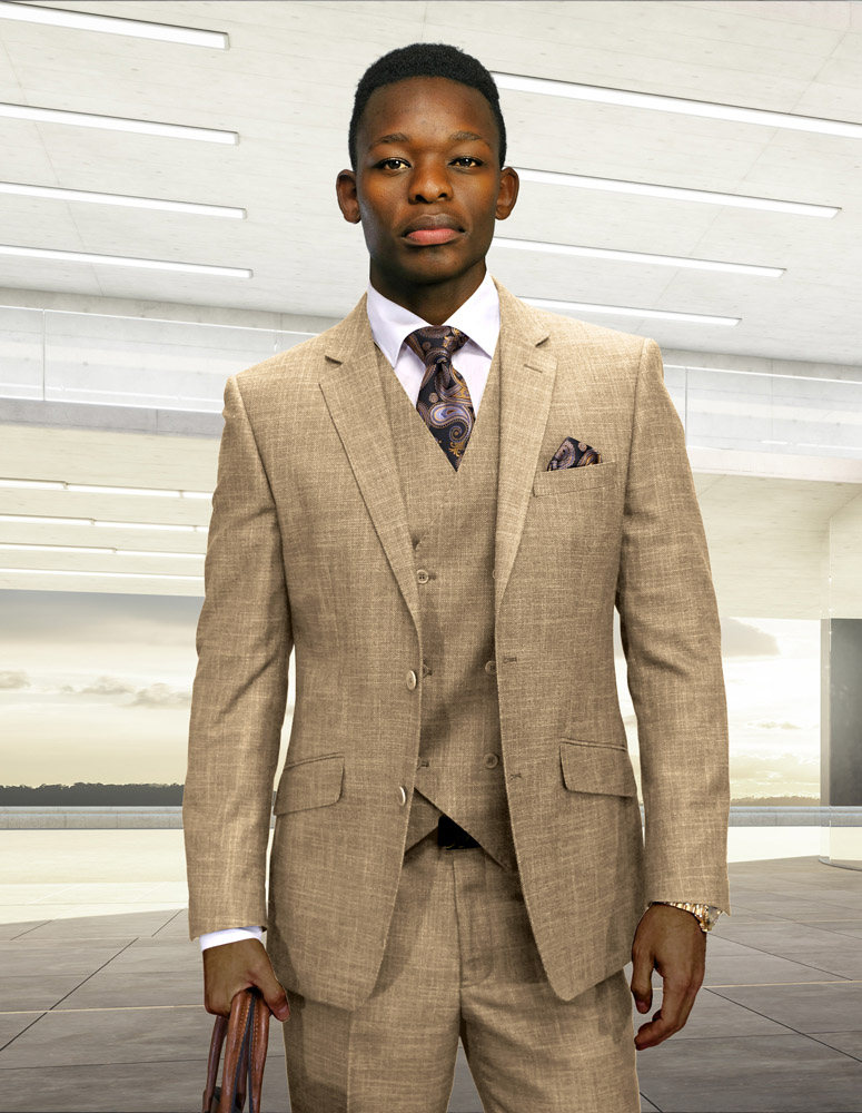 STATEMENT 3PC CAMEL SUIT WITH DOUBLE BREASTED VEST. SUPER 200'S ITALIAN WOOL AND CASHMERE FABRIC. MODERN FIT FLAT FRONT PANTS 