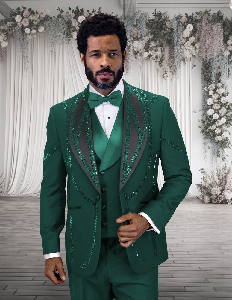 3PC ITALIAN WOOL TUXEDO WITH HUNTER STONES. MODERN FIT FLAT FRONT PANTS 