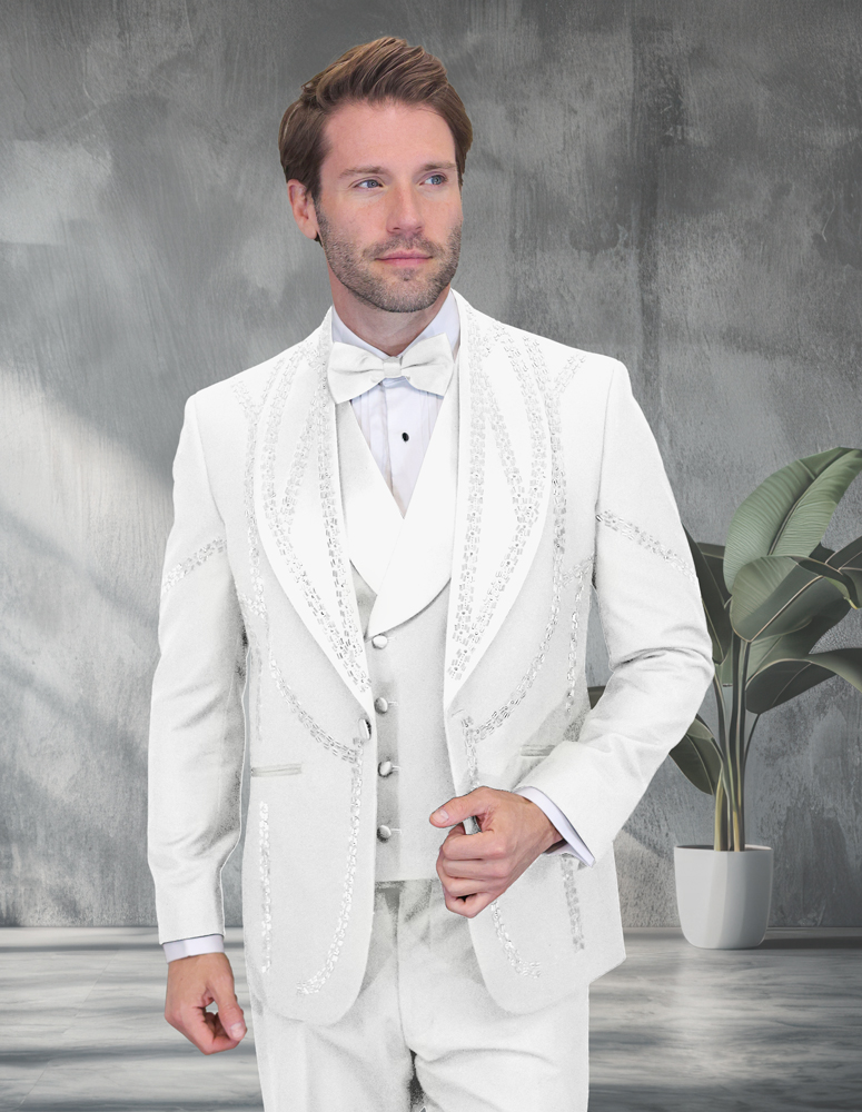 3PC ITALIAN WOOL TUXEDO WITH WHITE STONES. MODERN FIT FLAT FRONT PANTS