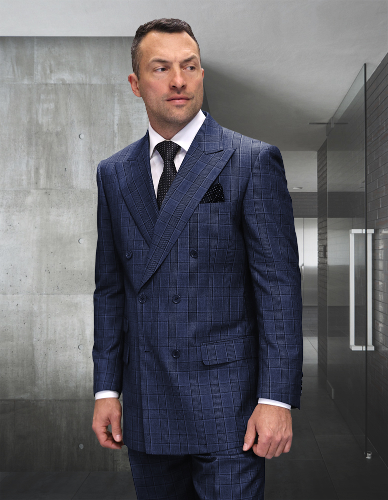 2PC PLAID DOUBLE BREASTED SUIT. REGULAR FIT PLEATED PANTS. SUPER 200 S ITALIAN WOOL FABRIC SAPPHIRE SUITS ITALSUIT