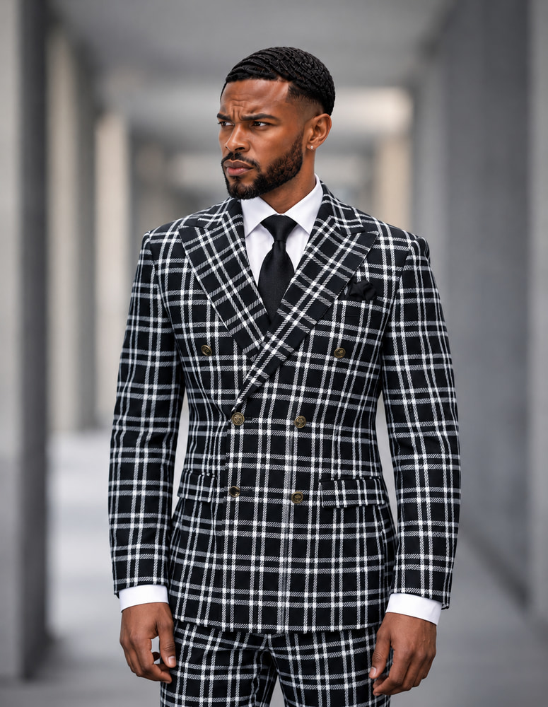 STATEMENT 2PC PLAID DOUBLE BREASTED SUIT. ITALIAN WOOL FABRIC
