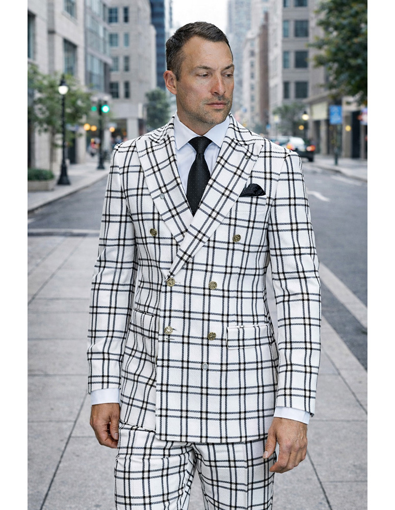 STATEMENT 2PC PLAID DOUBLE BREASTED SUIT. ITALIAN WOOL FABRIC 
