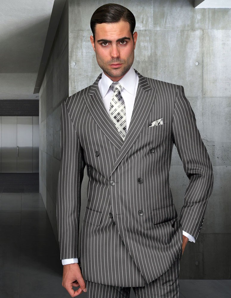 ainr Mens Double Breasted Pinstripe 2 Piece Suit Slim Fit Blazer Jacket & Trousers 